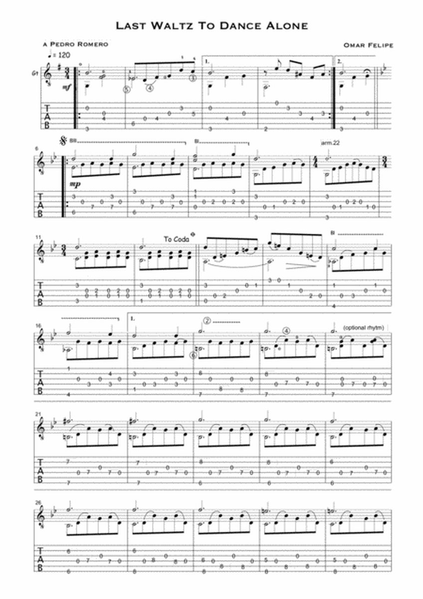 Last Waltz To Dance Alone for solo guitar with TAB image number null