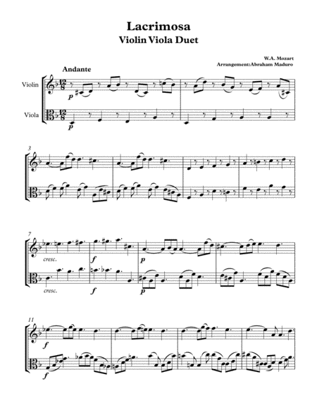 Lacrimosa from Mozart´s Requiem Violin-Viola Duet by Wolfgang Amadeus  Mozart - Viola - Digital Sheet Music | Sheet Music Plus