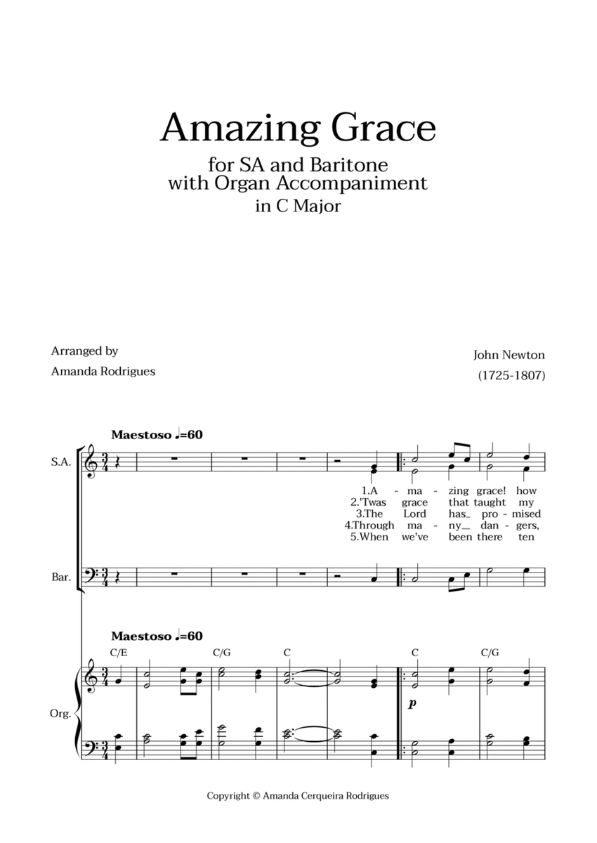 Amazing Grace in C Major - SA and Baritone with Organ Accompaniment and Chords image number null