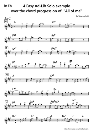 Book cover for 4 Easy Ad-Lib Solo examples over the chord progression of "ALL of Me" for Alto Sax in Eb