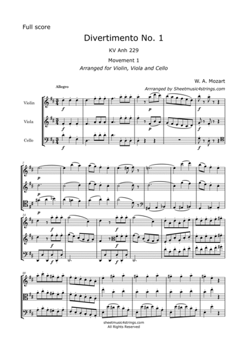 Mozart, W. A. - Divertimento. No.1, K. 229, Arranged for Violin, Viola and Cello image number null