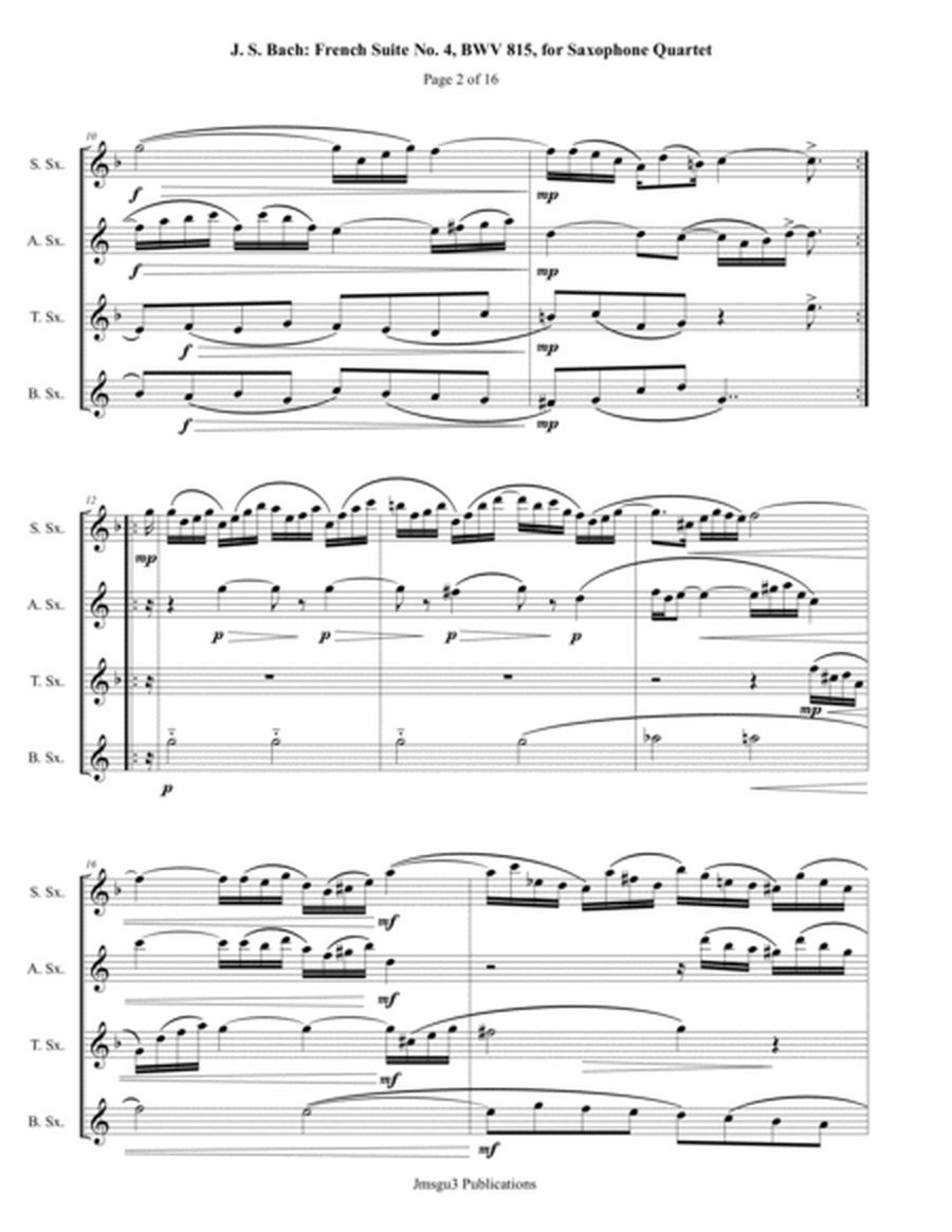 Bach: French Suite No. 4, BWV 815, for Saxophone Quartet - Score Only image number null