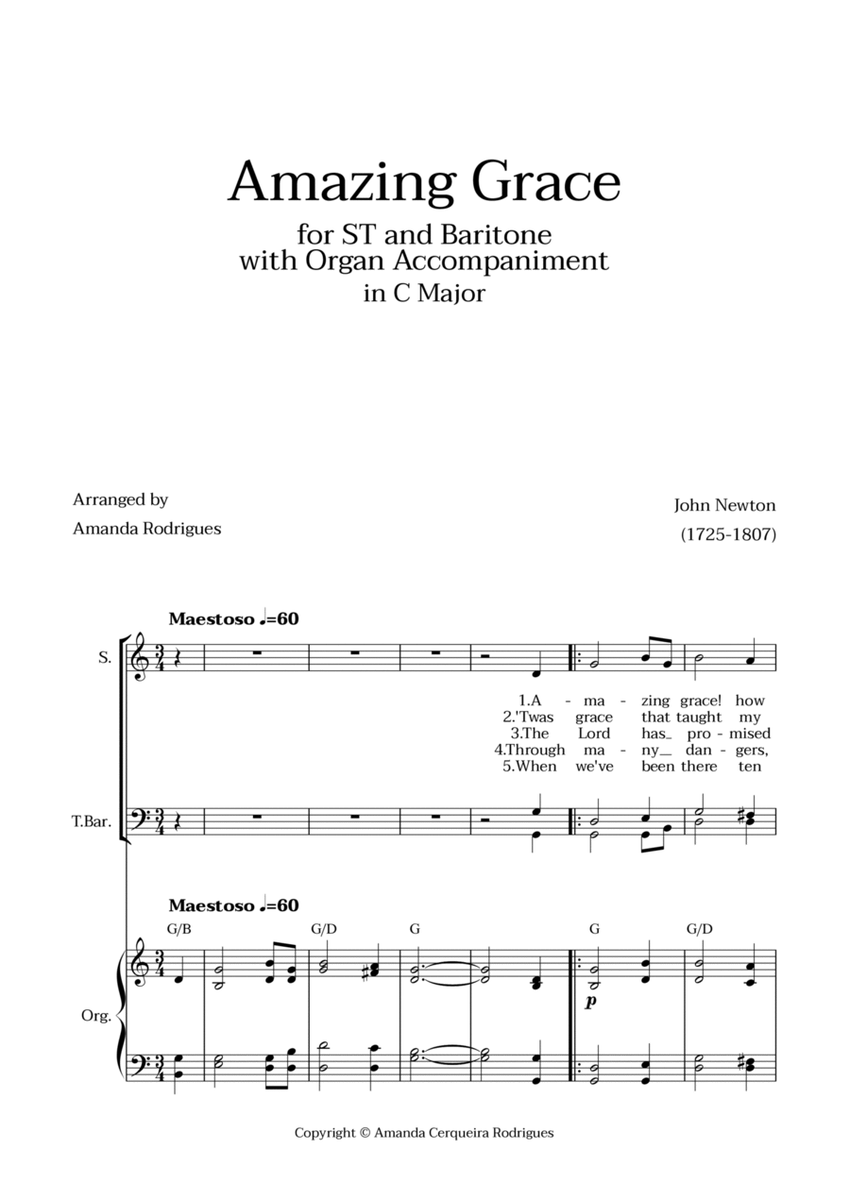 Amazing Grace in C Major - Soprano, Tenor and Baritone with Organ Accompaniment and Chords image number null