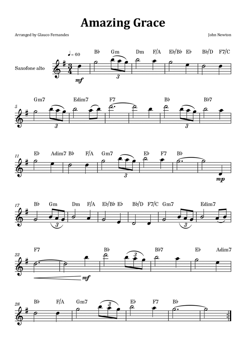 Amazing Grace - Alto Saxophone Solo with Chord Notation image number null