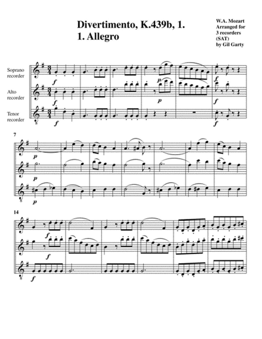 Divertimento, K.439b, 1 (arrangement for recorders)