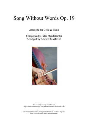 Book cover for Song Without Words Op. 19 No. 1 arranged for Cello and Piano