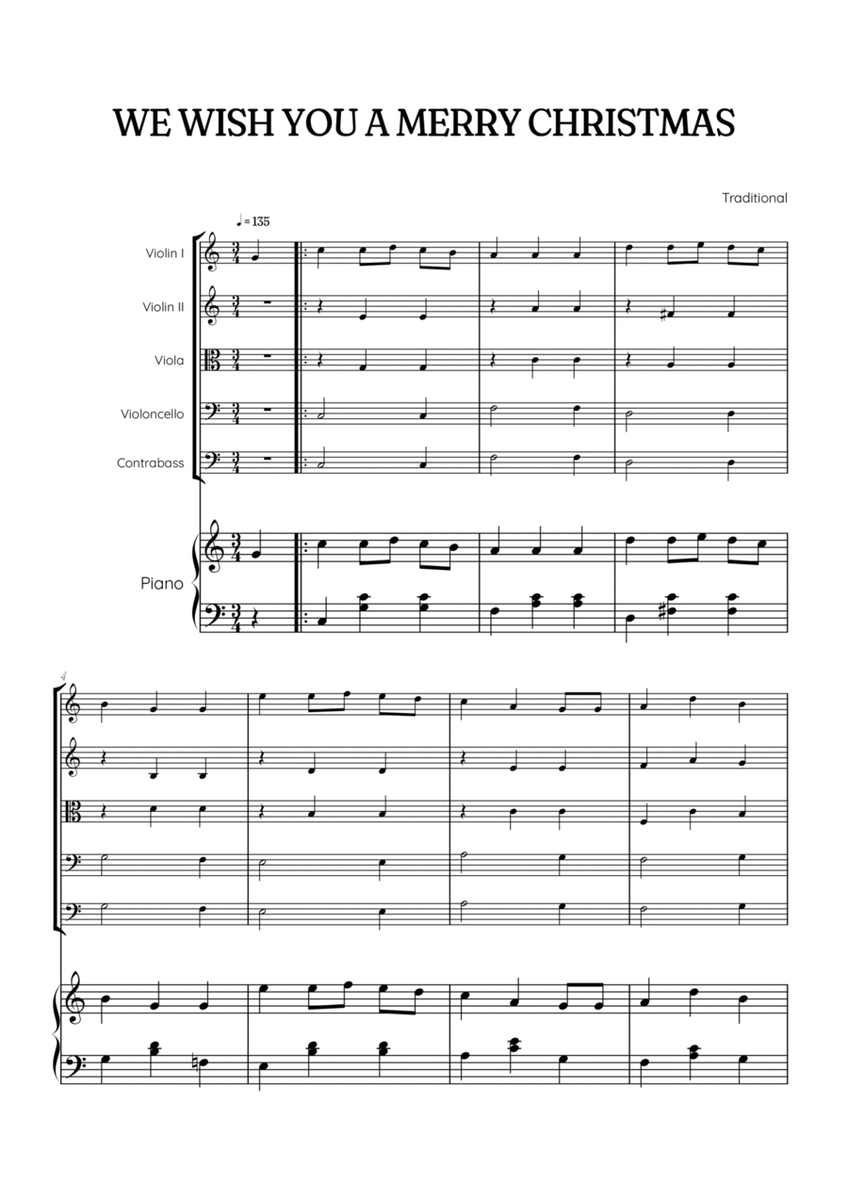 We Wish You a Merry Christmas for String Quintet & Piano • easy Christmas sheet music image number null