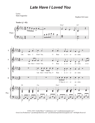 Book cover for Late Have I Loved You (Vocal Quartet - (SATB)