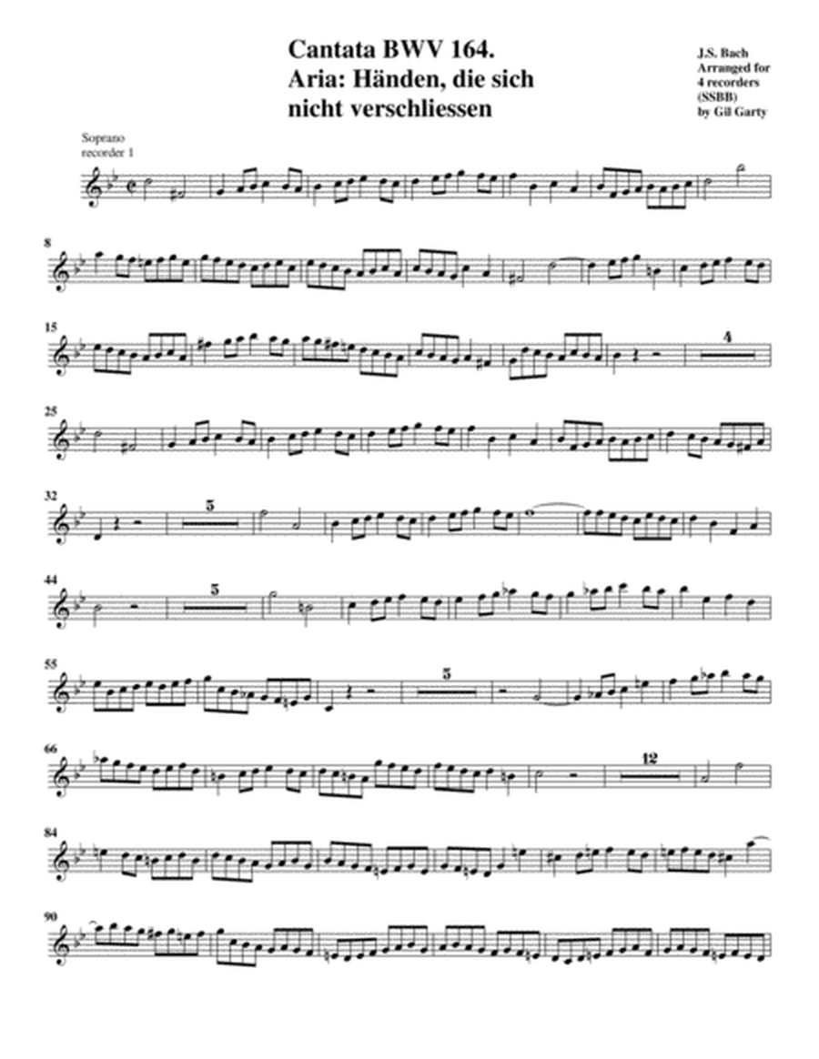Aria: Händen, die sich nicht verschliessen from Cantata BWV 164 (arrangement for 4 recorders)