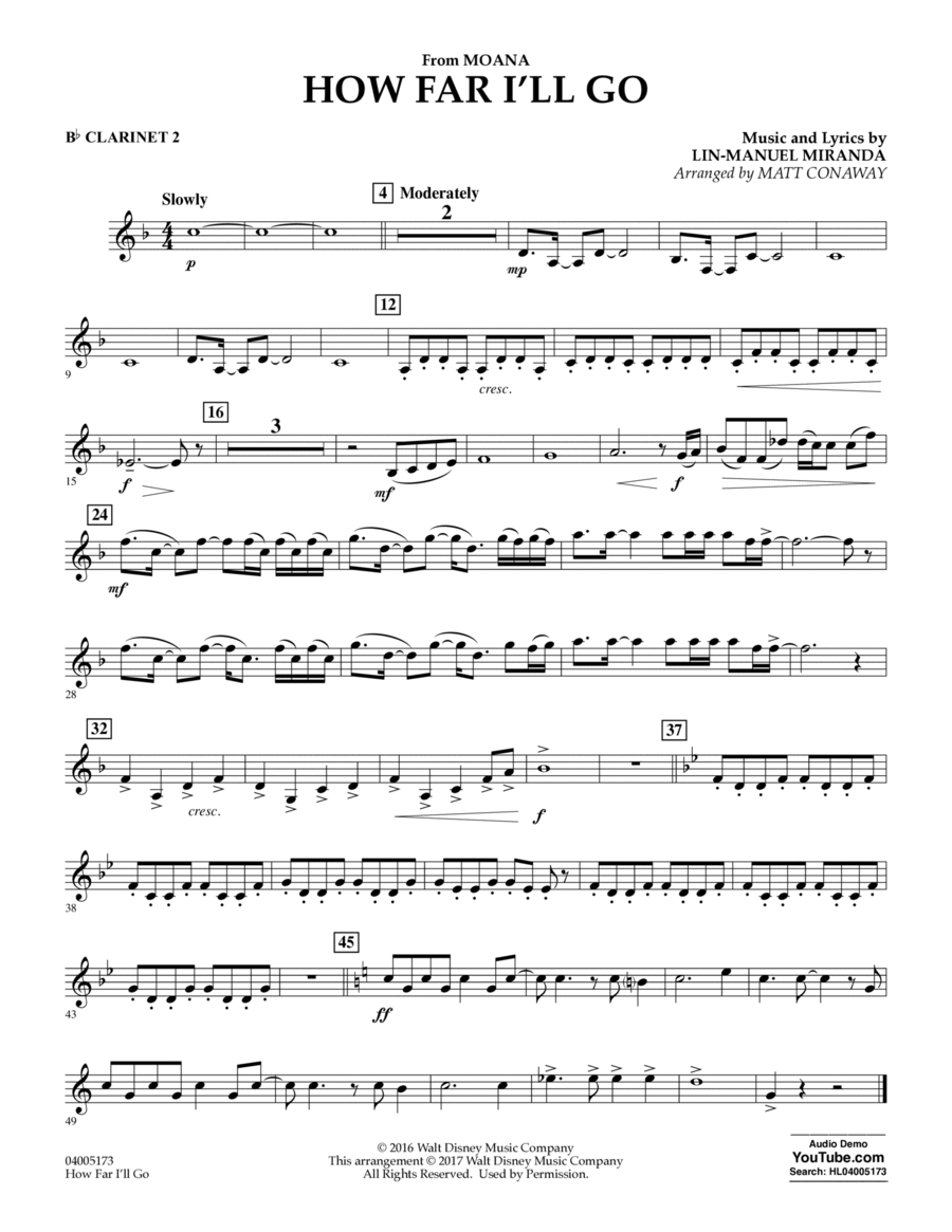 How Far I'll Go (from Moana) - Bb Clarinet 2
