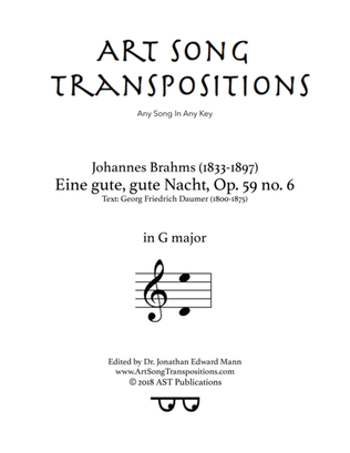Book cover for BRAHMS: Eine gute, gute Nacht, Op. 59 no. 6 (transposed to G major)