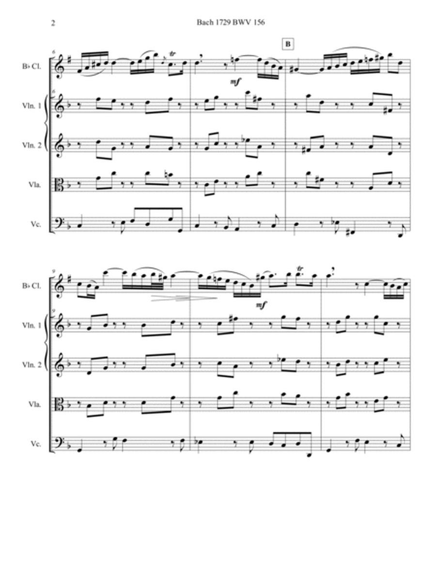 Bach 1729 BWV 156 Adagio for Solo Bb Clarinet Strings Parts and Score