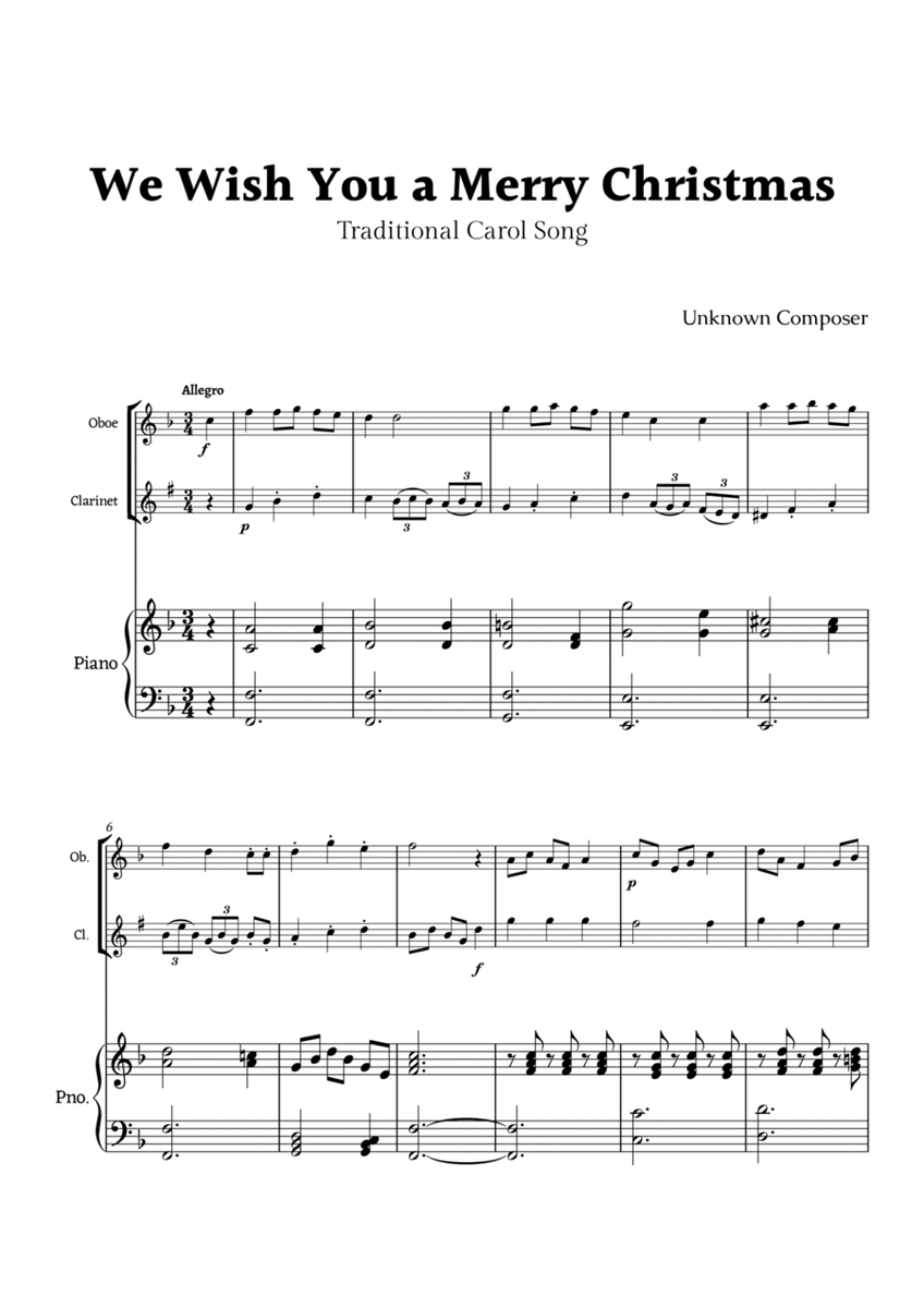 We Wish you a Merry Christmas for Oboe and Clarinet Duet with Piano image number null