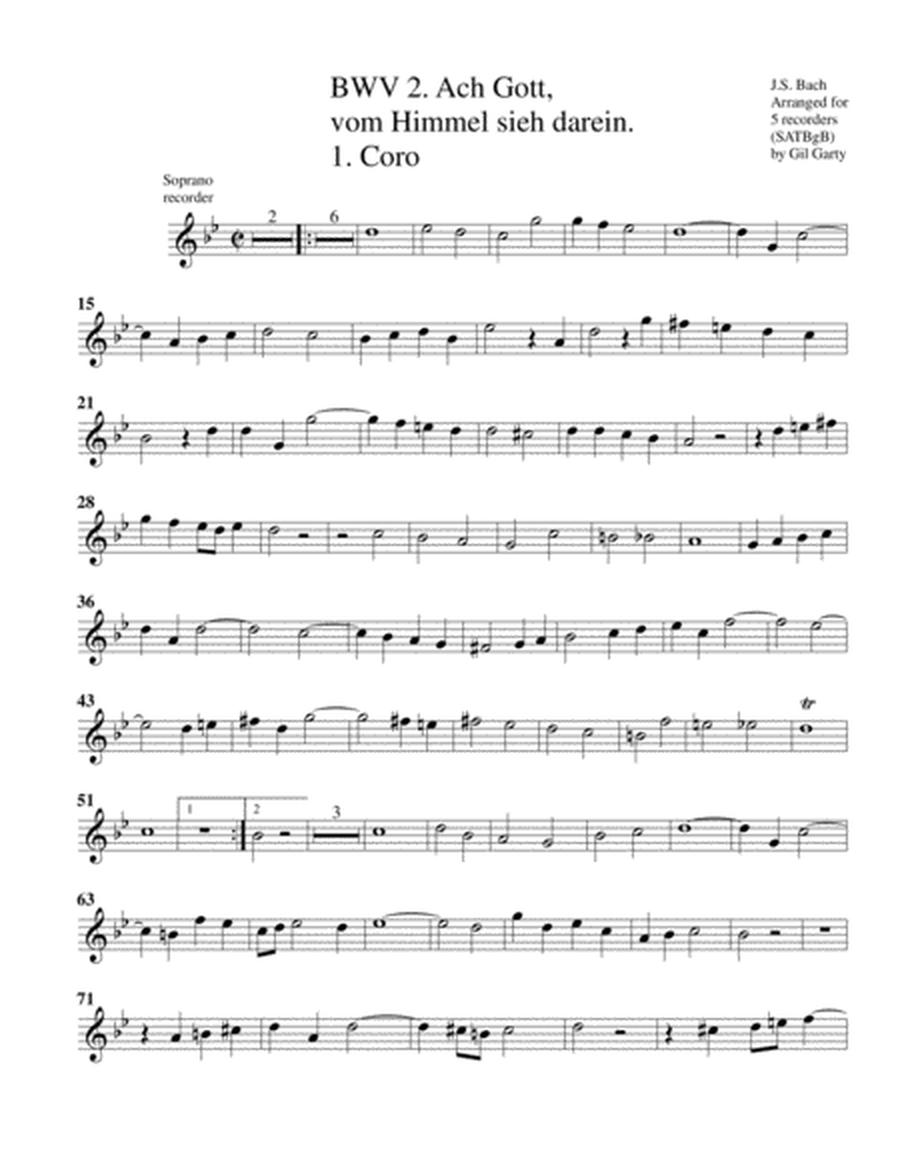 Coro: Ach Gott, vom Himmel sieh darein, BWV 2 (arrangement for 5 recorders)