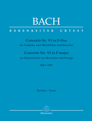 Book cover for Concerto for Harpsichord, two Recorders and Strings Nr. 6 F major BWV 1057