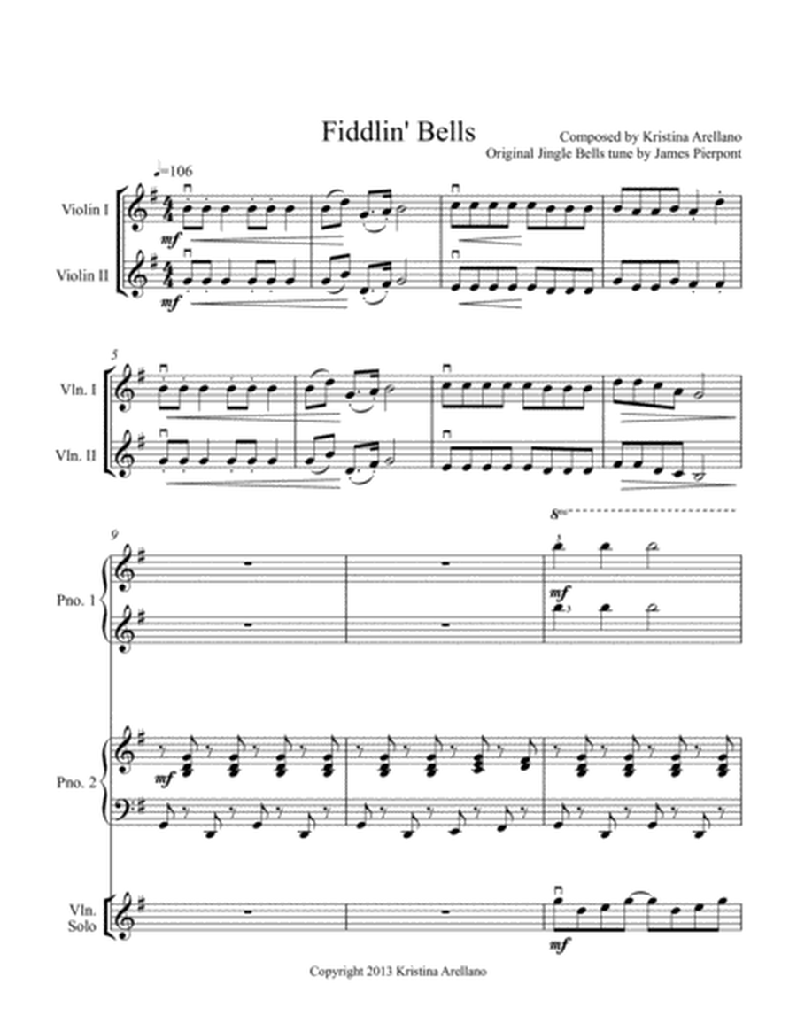 Fiddlin' Bells (Jingle Bells arrangement for 3+ violins and 1 piano--2 to 4 hands) image number null