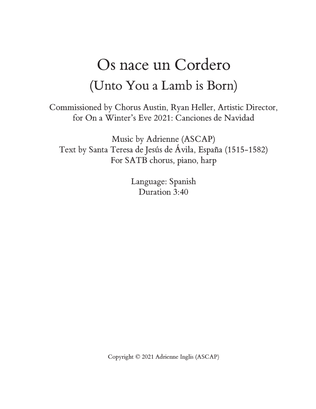 Os nace un Cordero (Unto You a Lamb is Born) for SATB chorus, piano, and pedal or lever harp