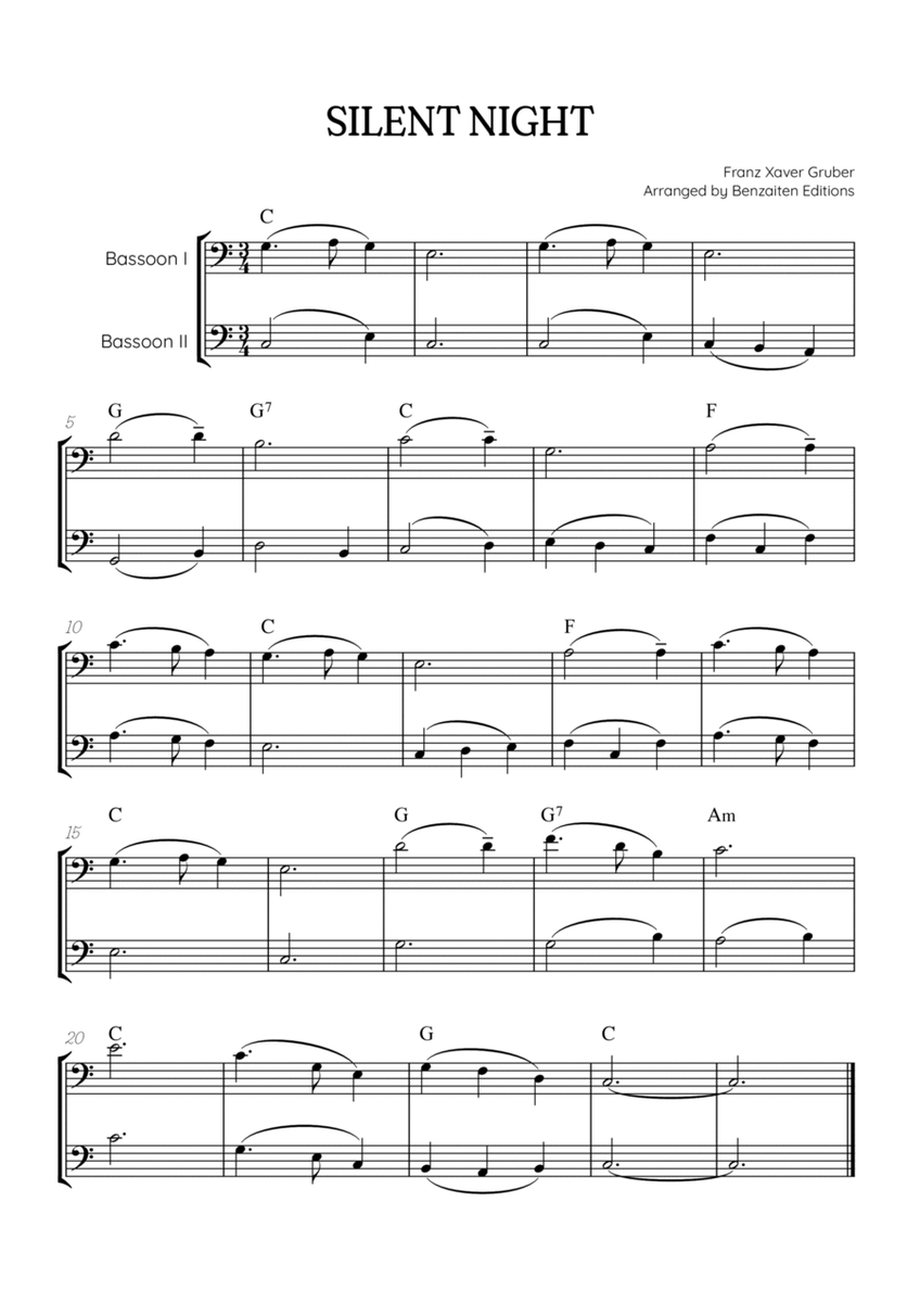 Silent Night for bassoon duet • easy Christmas song sheet music (w/ chords) image number null