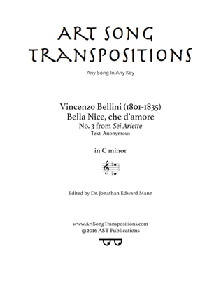 Book cover for BELLINI: Bella Nice, che d'amore (transposed to C minor)