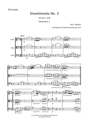 Book cover for Mozart, W. A - Divertimento No. 5, KV. 229, for Violin, Viola and Cello