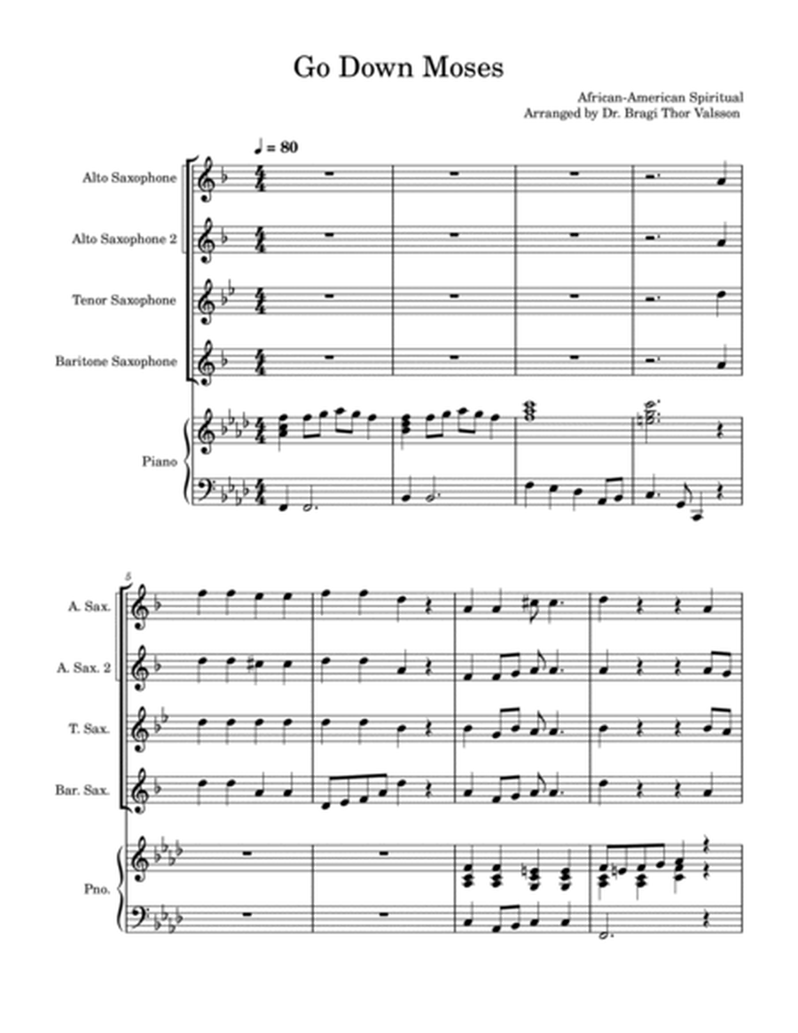 Go Down Moses - saxophone quartet with piano accompaniment - score and parts image number null