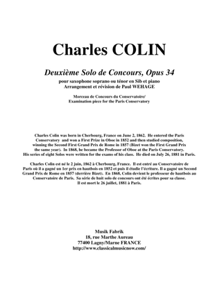 Book cover for Charles Colin: Deuxième Solo de Concours, Opus 34 arranged for Bb soprano or tenor saxophone and pi