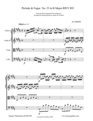 Book cover for BACH: Prelude & Fugue No. 23 in B Major, BWV 892 for String Quartet