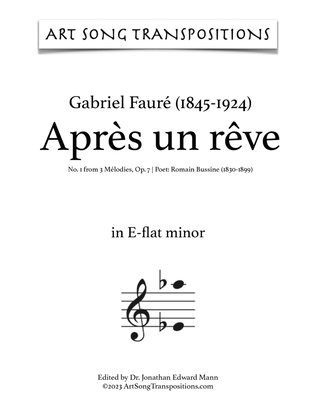 Book cover for FAURÉ: Après un rêve, Op. 7 no. 1 (transposed to E-flat minor, D minor, and C-sharp minor)