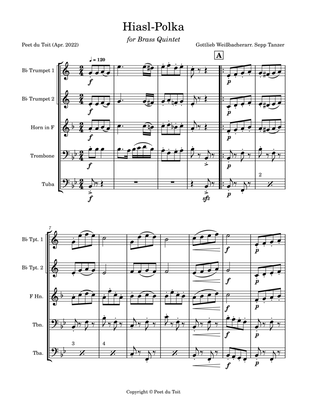 Book cover for Hiasl-Polka - Gottlieb Weißbacher arr. Sepp Tanzer (Brass Quintet & Percussion)