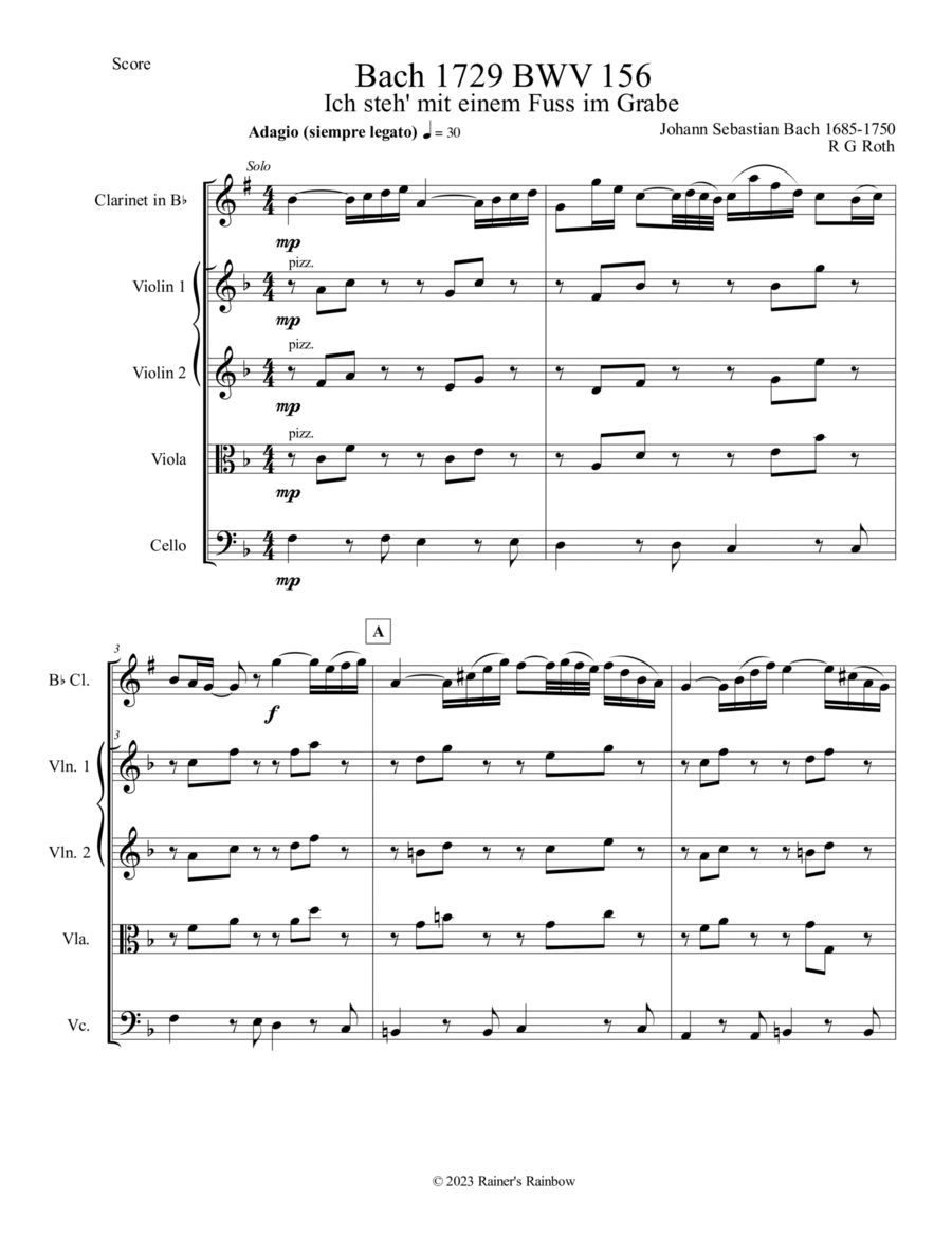 Bach 1729 BWV 156 Adagio for Solo Bb Clarinet Strings Parts and Score