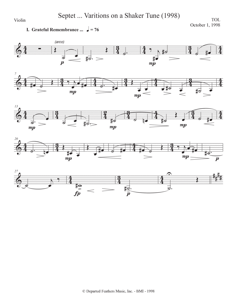 septet, opus 77 ... Variations on a Shaker Tune (1998) Violin part