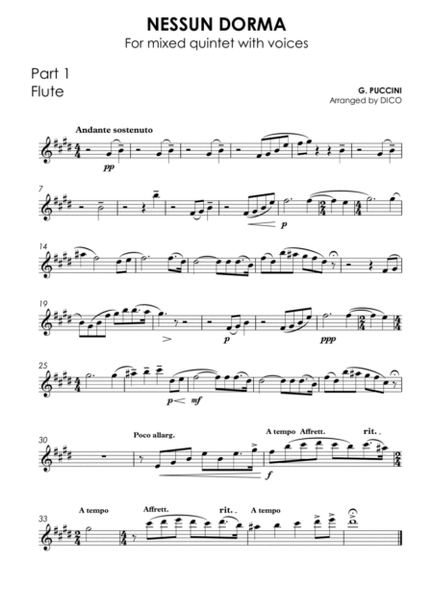 NESSUN DORMA (in E) - for voices & flexible quintet