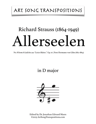 Book cover for STRAUSS: Allerseelen, Op. 10 no. 8 (transposed to D major)