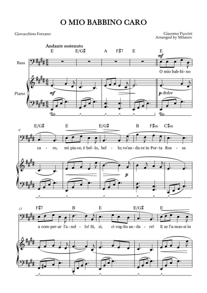O Mio Babbino Caro | Male Voice Bass | E Major | Piano accompaniment | Pedal | Chords image number null