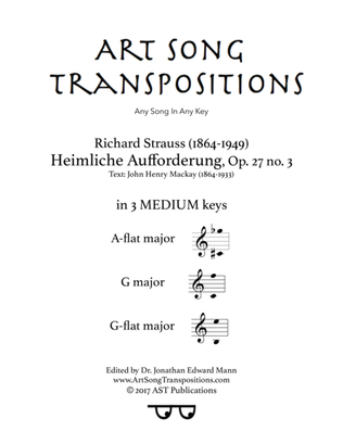 Book cover for STRAUSS: Heimliche Aufforderung, Op. 27 no. 3 (in 3 medium keys: A-flat, G, G-flat major)