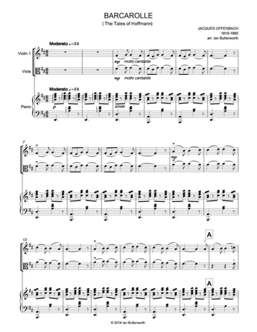 OFFENBACH Barcarolle (The Tales of Hoffman) for violin, viola & piano image number null