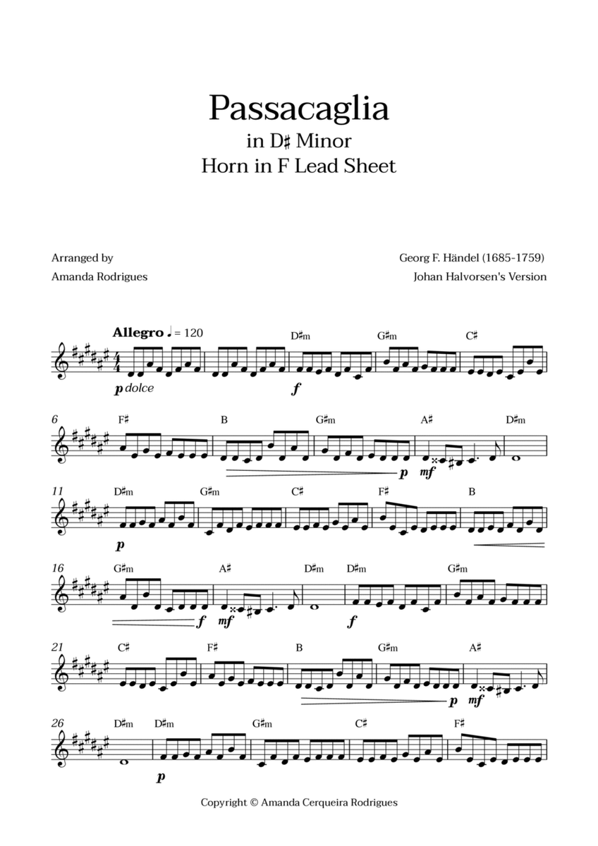 Passacaglia - Easy Horn in F Lead Sheet in D#m Minor (Johan Halvorsen's Version) image number null