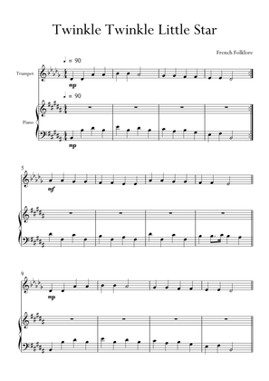 Book cover for Twinkle Twinkle Little Star in B Major for Trumpet and Piano. Very Easy.