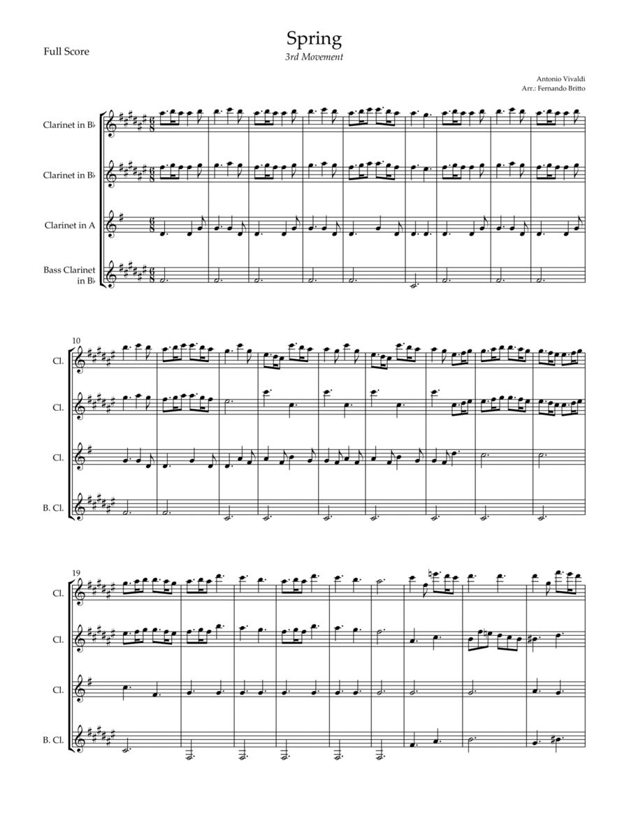 Spring - 3rd Movement (Antonio Vivaldi) for Clarinet Quartet image number null