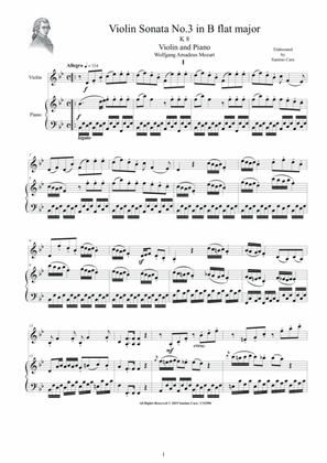 Book cover for Mozart - Violin Sonata No.3 in B flat major KV 8 for Violin and Piano - Score and Part