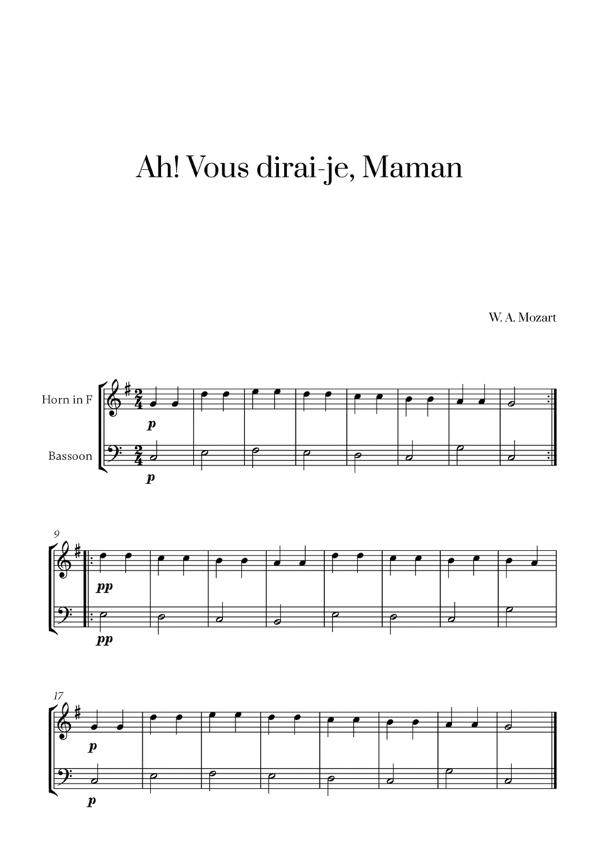 W. A. Mozart - Ah! Vous dirai-je, Maman for French Horn and Bassoon image number null