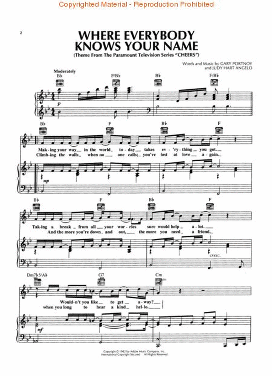 Cheers, Theme from (Where Everybody Knows Your Name) by Gary Portnoy Piano, Vocal, Guitar - Sheet Music