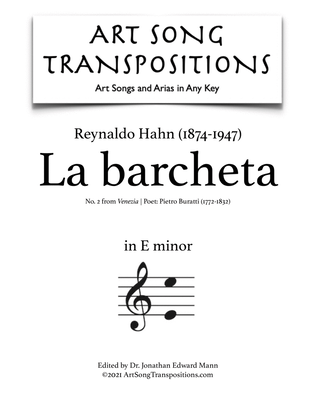 Book cover for HAHN: La barcheta (transposed to E minor)