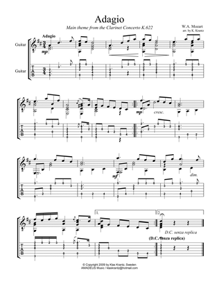 Book cover for Adagio from the clarinet concerto (theme) easy guitar solo (+TAB)