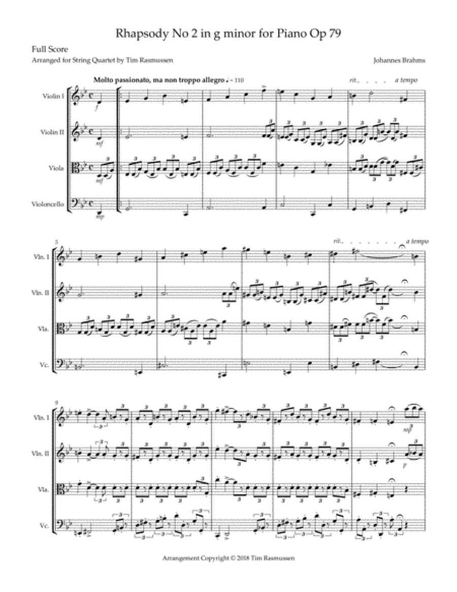Brahms - Rhapsody No 2 for Piano in g minor Op 79 - Arranged for String Quartet