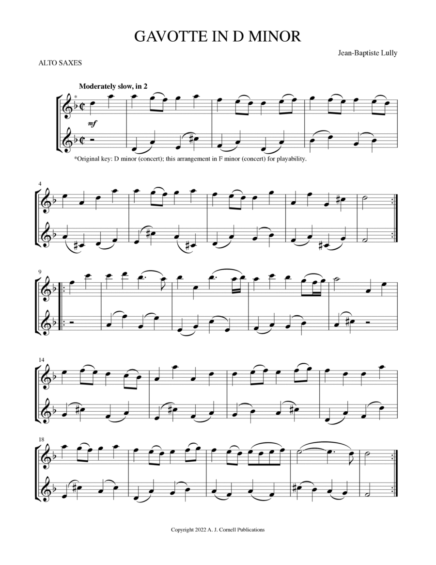 Gavotte in D Minor by Jean-Baptiste Lully Woodwind Duet - Digital Sheet Music