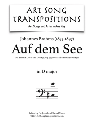 Book cover for BRAHMS: Auf dem See, Op. 59 no. 2 (transposed to D major, bass clef)
