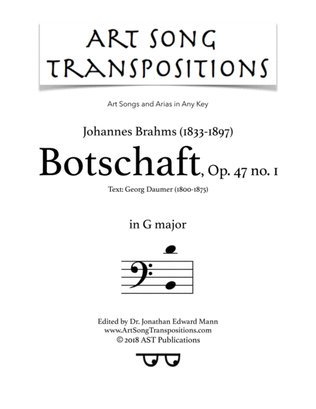 Book cover for BRAHMS: Botschaft, Op. 47 no. 1 (transposed to G major, bass clef)