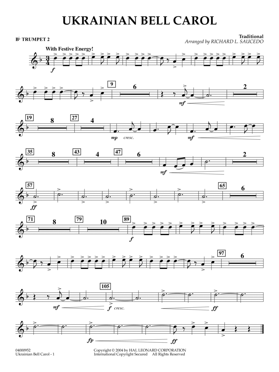 Ukrainian Bell Carol (arr. Richard L. Saucedo) - Bb Trumpet 2