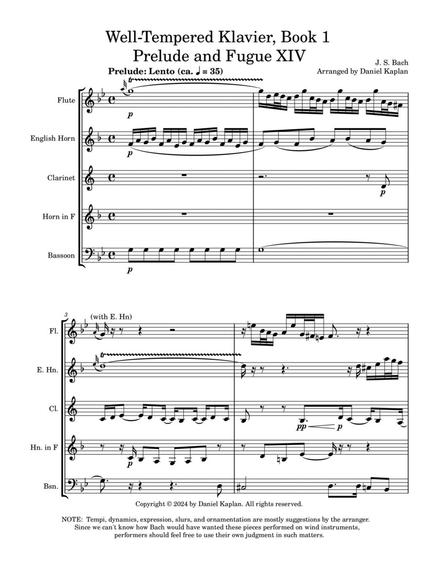 Prelude and Fugue XVI from The Well Tempered Clavier Book 1 (arranged for woodwind quintet) image number null